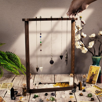 Kihomi Pendulum Display Stand with Tray - Wooden Necklace Stand, Crystal holder for 17 Pendulums and Pendants - Aesthetic Witchy Decor, Witchcraft and Wiccan Supplies for Your Spiritual Space (Brown)
