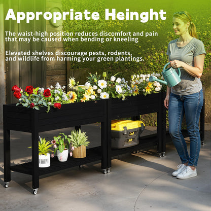 PatioZen Raised Garden Bed with Legs, 33.66" Tall Self-Watering Resin Planter Box with Lockable Wheels Drainage Plug and Gauge for Vegetables, Flowers, Storage Shelf for Tools and Accessories (Black)