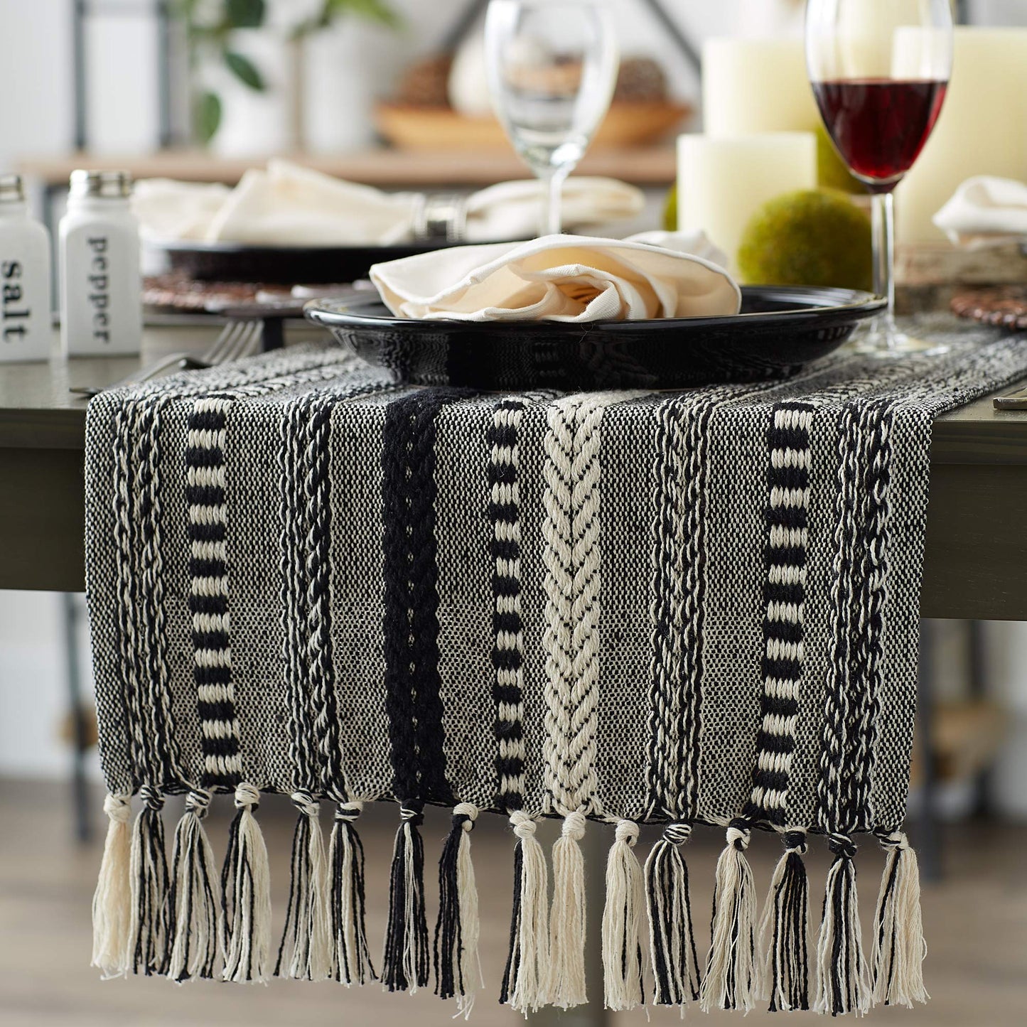 DII Farmhouse Braided Stripe Table Runner Collection, 15x72 (15x77, Fringe Included), Black