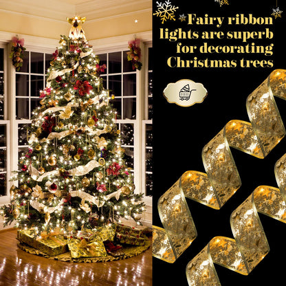 Sherr 79ft Christmas Ribbon Lights, 240 LED Fairy Lights, Battery Operated, Gold, Model SH-79FT-240-G-HD