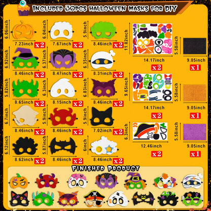 80UncleKimby 30PCS Halloween Crafts in Bulk - Felt Face Masks DIY Arts Kit, Hallowmas Party Favors Classroom Activities Supplies
