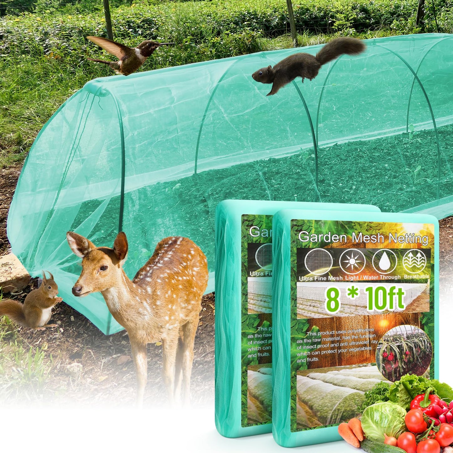 2 Pack Garden Netting 8 x 10 ft Ultra Fine Mesh Garden Netting Green Mesh Plant Cover Raised Beds Barrier Screen Protection for Vegetable Fruits Flowers Crops Greenhouse Rows from Birds Squirrels