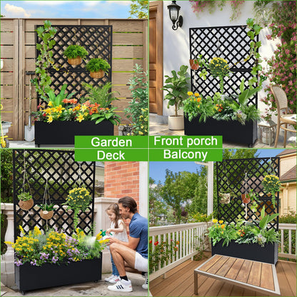 Metal Raised Garden Bed with Trellis & Wheels, 72.83"x46.46"x11.81" Galvanized Metal Planter Box with Drainage Holes & Privacy Screen for Patio Balcony Climbing Plants Flowers Vegetable, Black
