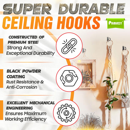 [UPGRADED] 2Pcs 200LBS Rotatable Ceiling Hooks with 4 Screw Points Base, Wall Mount Metal Hanger Black Ceiling Hook for Hanging Plant, Bird Feeder, Lights, Bed Canopy, Wind Chime, Indoor Outdoor Decor