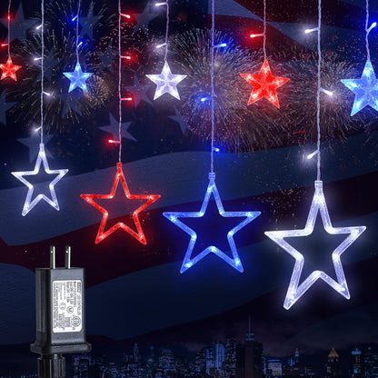 MYGOTO Patriotic Star Icicle Lights, 8.2ft 126LED, Waterproof, 8 Modes, Red White Blue, Model QX-U-O-I-126-1-RWB