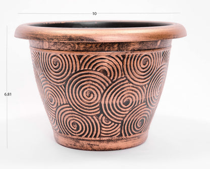 Set of 2 Circle Pattern Small Decorative Plastic Planter 10X7 inches for Indoor, Outdoor, Nursery, Garden, Patio, Office, Home Decor Use. Long Lasting, Reusable Light Weight (Concentric, Copper)