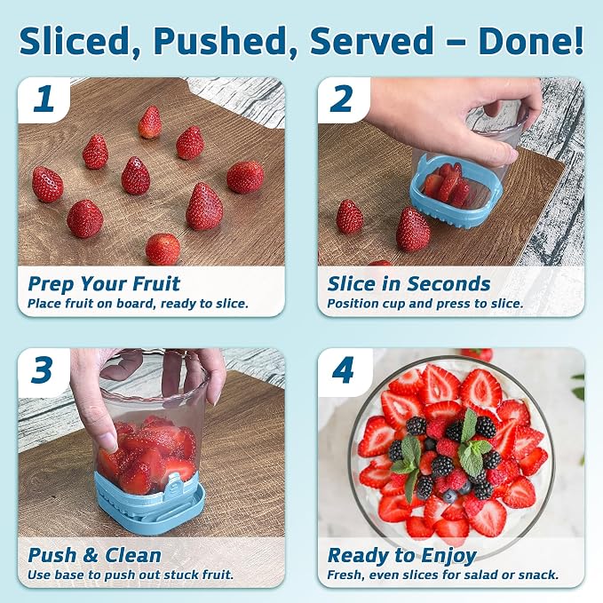 Strawberry Slicer Cup with Push Plate, Fruit Cutter Kitchen Gadget for Egg, Kiwi, Banana, Cucumber, Easy Fruit & Vegetable Slicer, Strawberry Cutter Tool for Quick Safe Cutting (Blue)