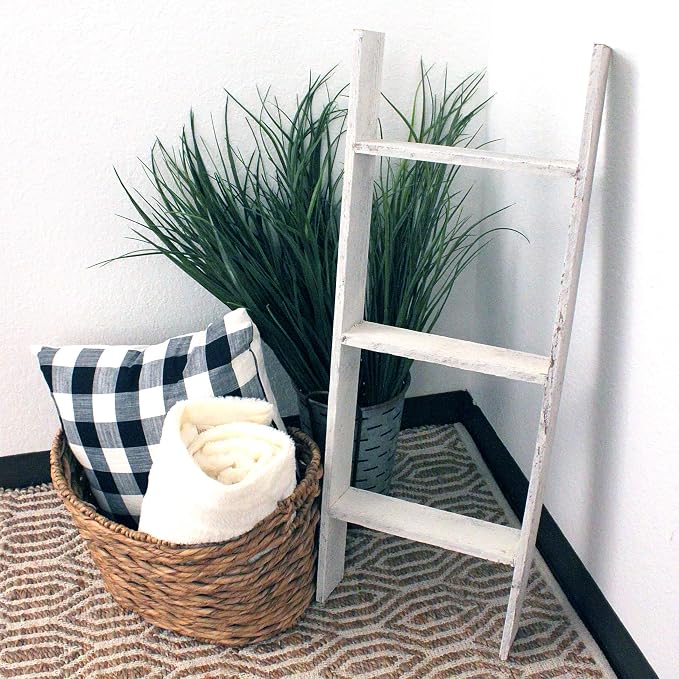 BARNWOODUSA Throw Blanket Ladder – Fully Assembled Reclaimed Wood – Rustic Decorative Ladder for Towels, Quilts – Perfect Farmhouse Decor for Bathroom, Porch, or Living Room,3-Foot White