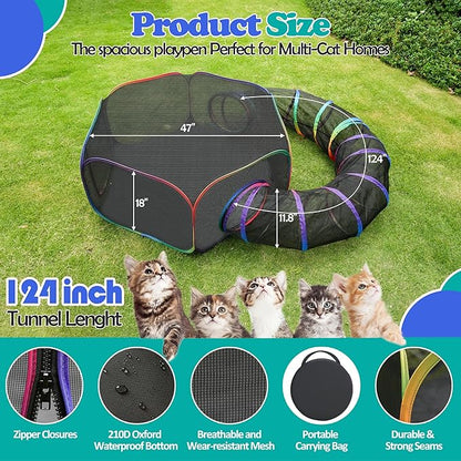 Outdoor Cat Enclosure, Portable Catio Playground with Tent & Tunnel for Cats and Small Animals, Foldable Cat Playpen Includes Storage Bag for Outside and Indoor Play, Rainbow Color