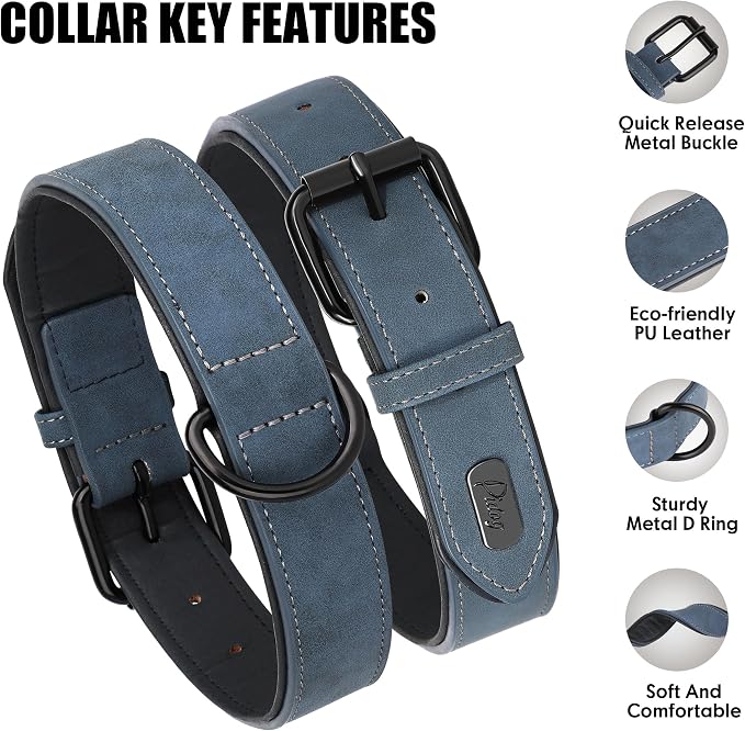 Didog Soft Padded PU Leather Dog Collar, Breathable and Adjustable Dog Collars for Small Dogs, Comfortable for Daily Walk, Blue, M Fit Neck 11-14"(10-20 lbs)