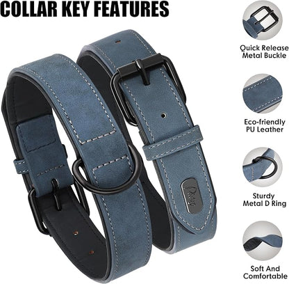Didog Soft Padded PU Leather Dog Collar, Breathable and Adjustable Dog Collars for Medium Dogs, Comfortable for Daily Walk, Blue, L Fit Neck 14-18"(22-44 lbs)
