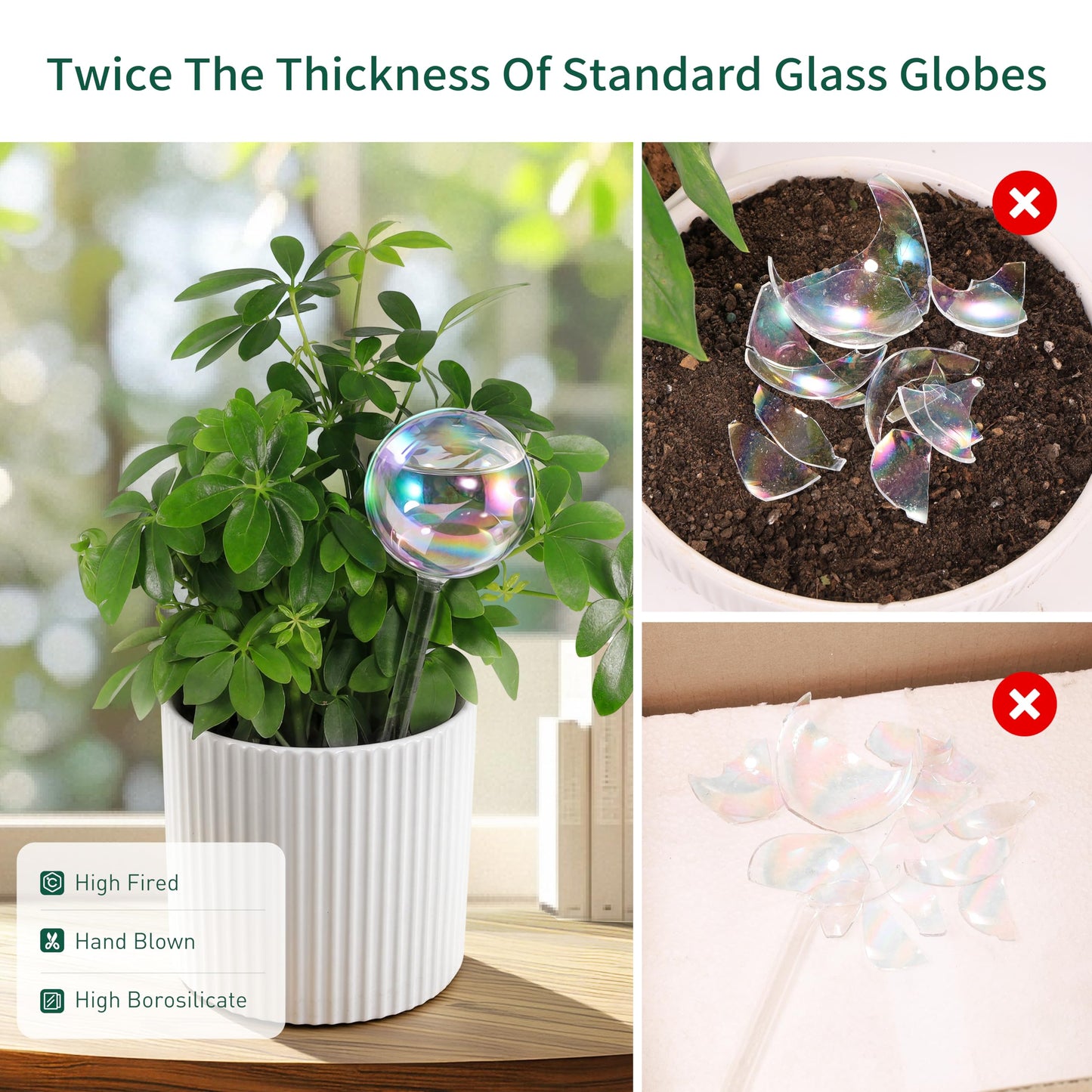 Soilagua Large Extra-Thick Clear Glass Plant Watering Globes, Rainbow Gradient Self Watering Devices for Indoor & Outdoor Plants, AutomaticWaterer Spikes, Perfect for Daily or Vacation Use, 2-Pack