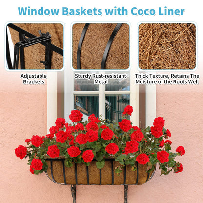 Tessco for you 6 Pieces Railing Planter Boxes, 30 Inches Window Box Planters with Coco Liner and Adjustable Brackets for Deck Porch Fence Patio Balcony Gardening Outdoor Plants