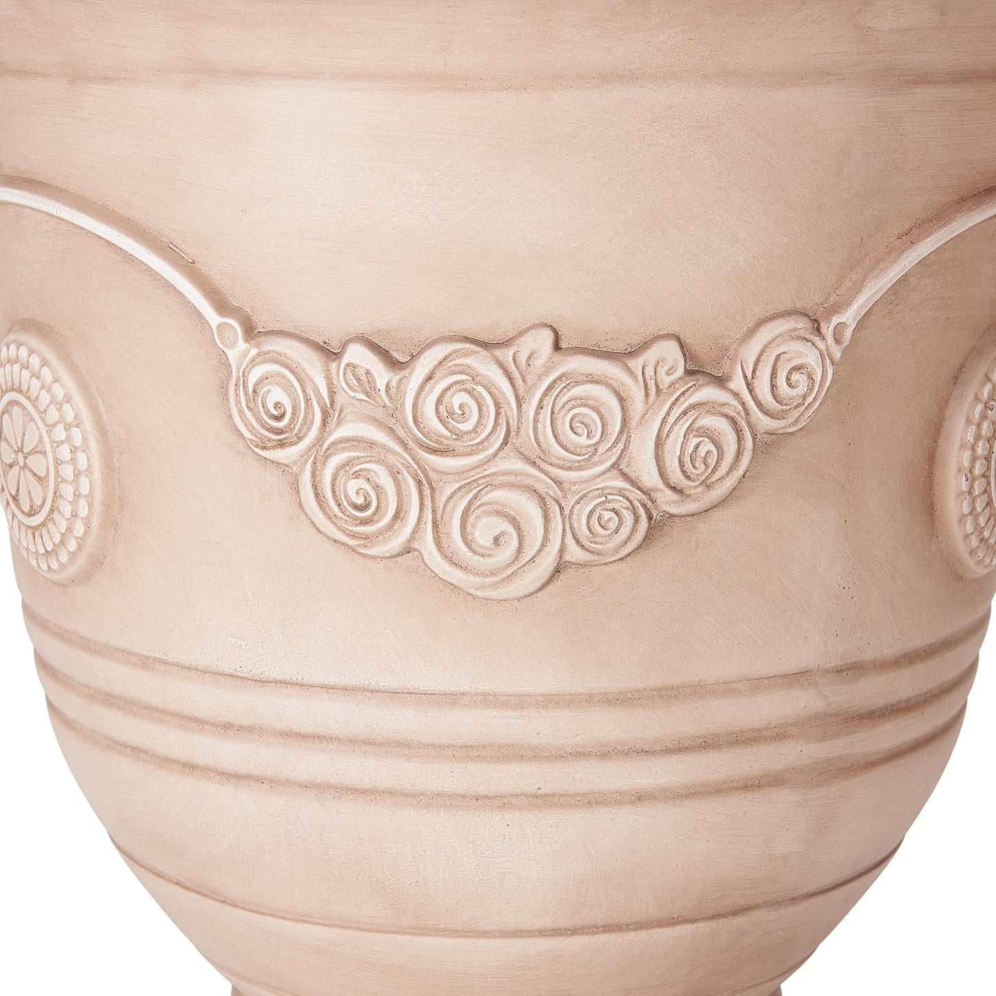 Christopher Knight Home Rewol Round Concrete Planter Set of 2, 2 Pack Garden Flower Pot with Drainage Hole, Floral Relif Patio Urn Planter for Outdoor Plants, Outdoor Planter Box, No Assembly, Beige