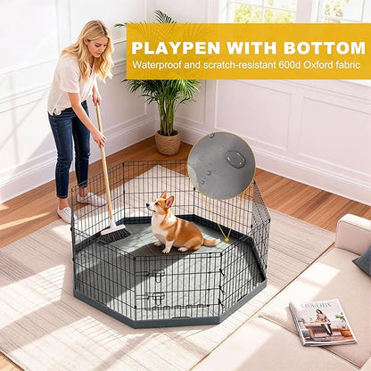 Dog Playpen, Foldable Metal Puppy Play Pen with Bootom Pad, 24x24in 8 Panels Dog Playpen with Door for Indoor Outdoor, Heavy-Duty Pet Exercise Fence for Small Medium Animals