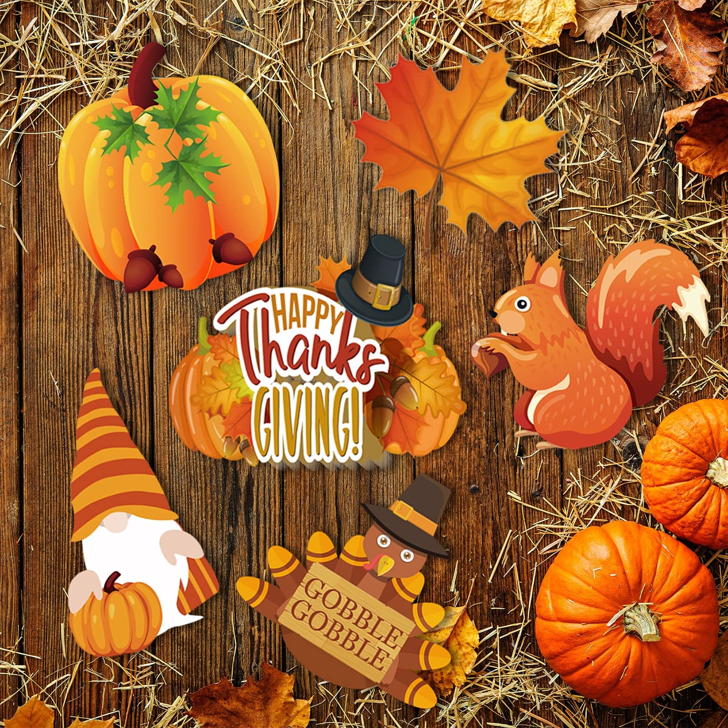 Thanksgiving Yard Signs Stakes - 6PCS Fall Outdoor Decorations - Maple, Squirrel, Turkey, Gnome, Pumpkin Corrugated Lawn Signs for Outside
