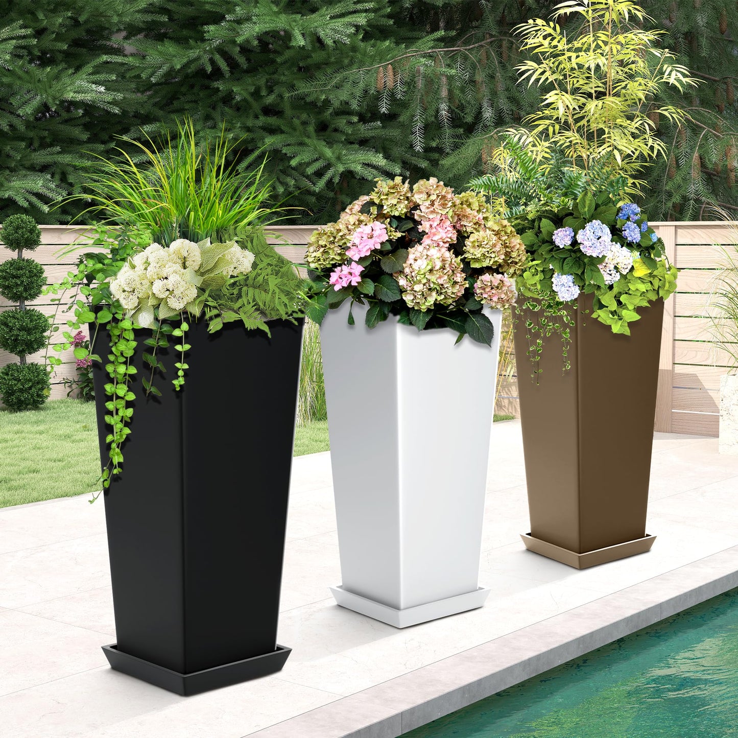 YESUNEED 24" Tall Planters for Outdoor Plants, Set of 2 Large Outdoor Planters for Front Porch Decor with Drainage Hole, Tall Planter (Black)