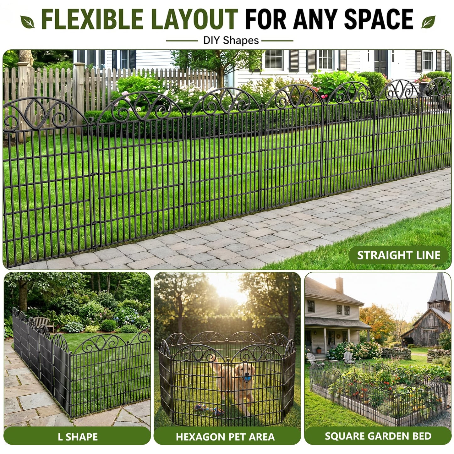 10-Panel No-Dig Tall Garden Fence – 34″H x 22′L Rustproof Metal Dog Fence, Decorative Yard & Garden Animal Barrier, Easy Install Outdoor Pet & Flower Bed Border, Temporary Fence