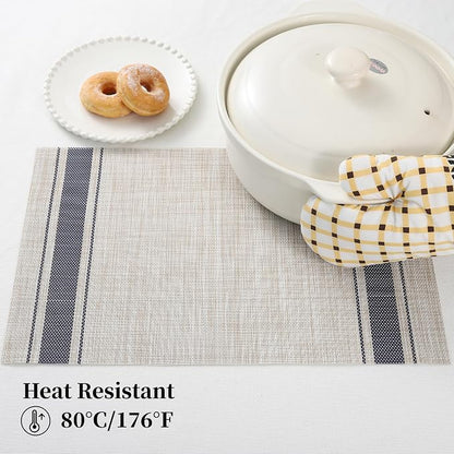 Leetaltree Khaki-Blue Placemats, Heat Resistant Non-Slip Place mats for Dining Table, Washable Durable PVC Vinyl Woven Table Mats (Set of 6)