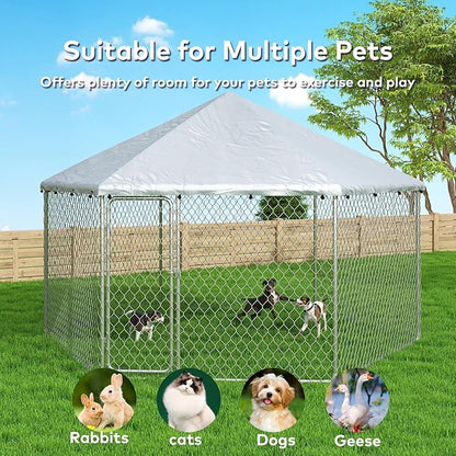 12.5x12.5 FT Large Outdoor Dog Kennel Outside with Heavy-Duty Steel Frame, Waterproof UV-Resistant Cover, Secure Lock, and Hexagonal Wire Fence