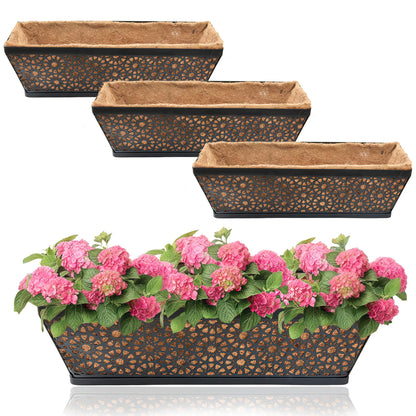 ZVOWOS Black Metal Railing Planter Window Box (4 Pack, 30 Inch) Horse Trough Planter with Coco Fiber Liner Deck Balcony Rail Planter for Porch Fence Patio Outdoor Garden Décor