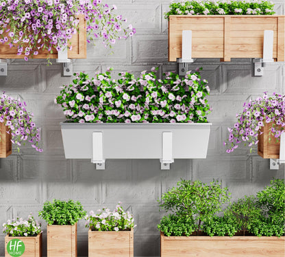 HFHOME 4 PCS Adjustable Planter Box Brackets (6 to 12.5 in), Universal Window Box Brackets, Heavy Duty Metal Flower Box Wall Mounting Hooks for Balcony, Fences, Patio, and Garden - White