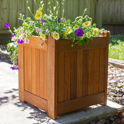 Sunnydaze 16-Inch Meranti Wood Planter Boxes for Outdoor Plants - Square Large Planter Boxes with Teak Oil Finish - Set of 2