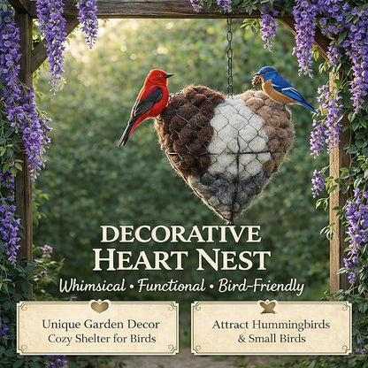 Handmade Alpaca Fiber Bird Nest Heart,Natural Nesting Material, Winter Nesting Material for Wild Birds and Hummingbirds | Garden Decoration, a Gift for Bird Lovers
