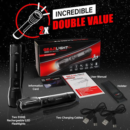 GearLight S1000 LED Tactical Flashlight - High Lumens, USB-C Fast Charging, Dual-Button, IPX4 Water-Resistant, Pocket-Sized for Camping & Emergencies with Batteries - 2 Pack, (Rechargeable)