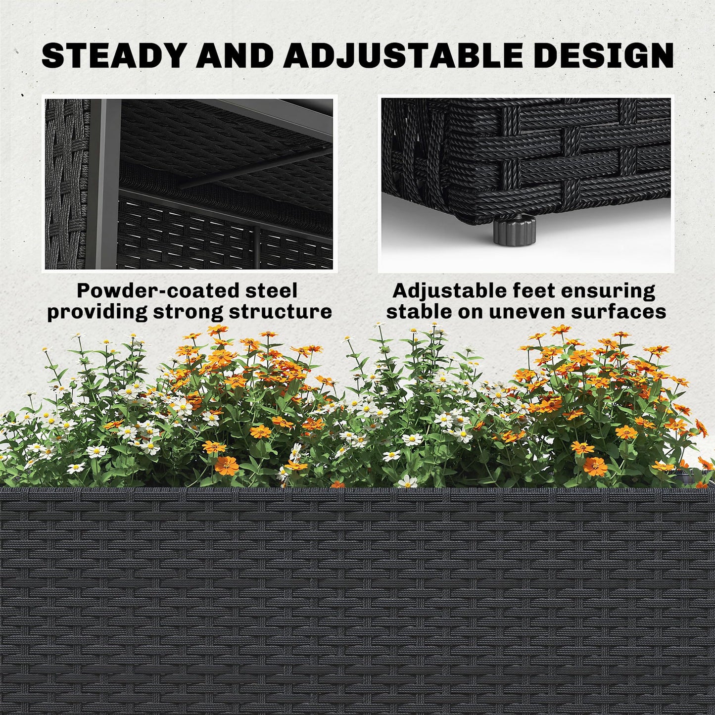 Outsunny Tall Rectangular Planter with Removable Liner, PE Wicker Large Planters for Outdoor Plants, Freestanding Indoor Outdoor Planter Box with Drainage Holes for Flowers, Vegetables, Black