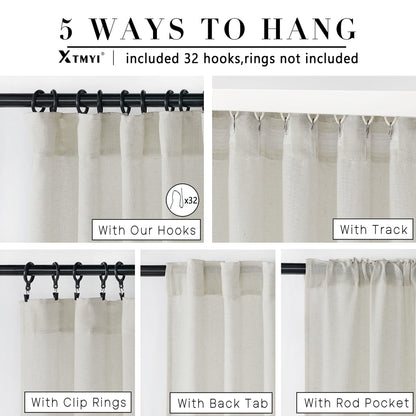 XTMYI Linen Cotton Farmhouse Curtains for Living Room Bedroom 84 Inches Long Two Sheer Hook Belt Pleated Back Tab Birch Off White Ivory Neutral Boho Sour Cream Curtain Drapes 84 Length 2 Panels Set