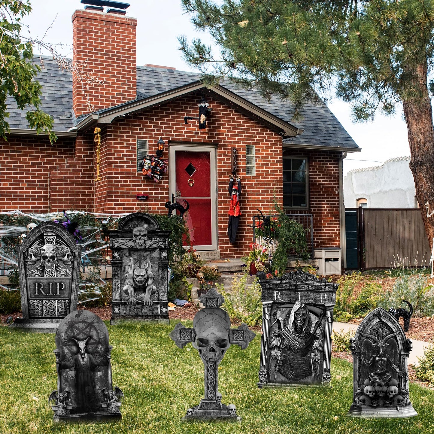 ontigola 16 Inch Halloween Graveyard Tombstones Prop Yard Stakes Signs 6 Styles Outdoor Headstones for Cemetery Halloween RIP Graveyard Tombstones Outdoor Props Yard Decorations with Stakes