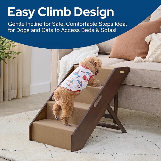 Stakmore Pet Steps with Solid Hardwood Construction and Foldable Design, Stairs for High Beds for Pets in All Life Stages, Espresso w/Brown Felt