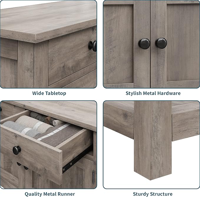 HOSTACK Farmhouse Console Table with 2-Door Cabinet & 2 Drawers, Coffee Bar, Entryway Table with Storage Shelf, Sofa Tables Buffet Sideboard for Kitchen, Hallway, Dining, Living Room, Ash Gray