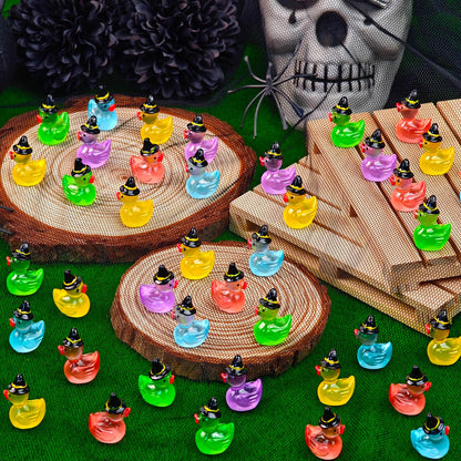 Feivando 50 Pcs Halloween Luminous Mini Resin Ducks Glow in The Dark Tiny Little Duck Figures with Witch Hat Miniature Figurines for Halloween Crafts Micro Landscape Fairy Garden Party Decor
