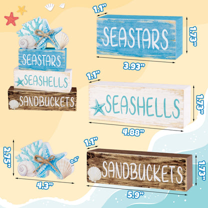 Beach Coastal Wooden Table Centerpieces Decorations for Home, Summer Ocean Blue and White Tabletop Signs Under the Sea Tiered Tray Sea Shell Party Decor for Mantel