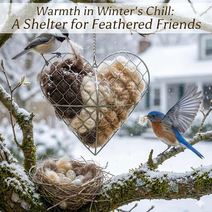 Handmade Alpaca Fiber Bird Nesting Heart - Refillable Heart Shape with Nesting Material, Winter Shelter for Wild Birds & Hummingbirds, Garden Decor Gift for Bird Lovers (1 Set)