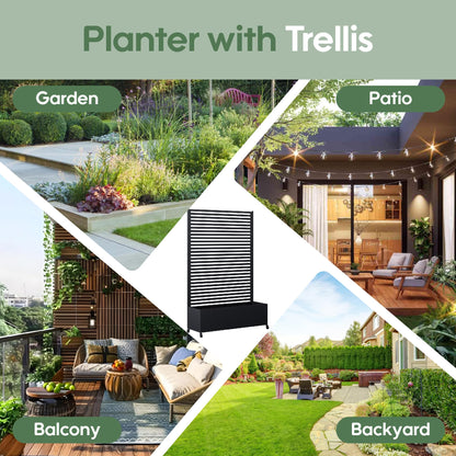 Sunnibety Metal Planter Box with Trellis Privacy Screen, Raised Garden Bed with Trellis & Wheels, Privacy Planters for Patio, Planter Box with Drainage Holes for Climbing Plants, 73"x 47"x 16", Black