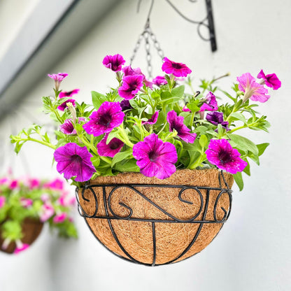 LaLaGreen Hanging Planter for Outdoor Plants (18 Inch, 2 Pack) Black Hanging Baskets with Coco Liner, Also Available in 8/12/14/16/18/20 Inch and Different Shapes Balcony Porch Farmhouse Country Decor