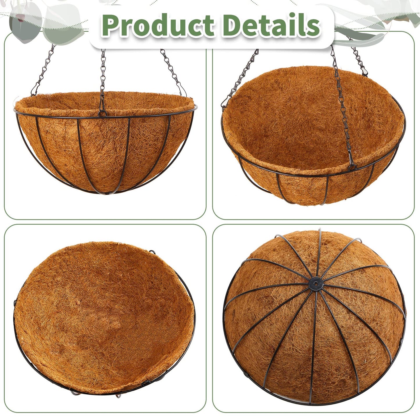 Rtteri 8 Pcs 8 Inch Hanging Baskets for Plants Outdoor with Metal Wire Frame and Coconut Coir Liners, Round Wire Hanging Baskets with Chain for Patio Garden Porch Decoration