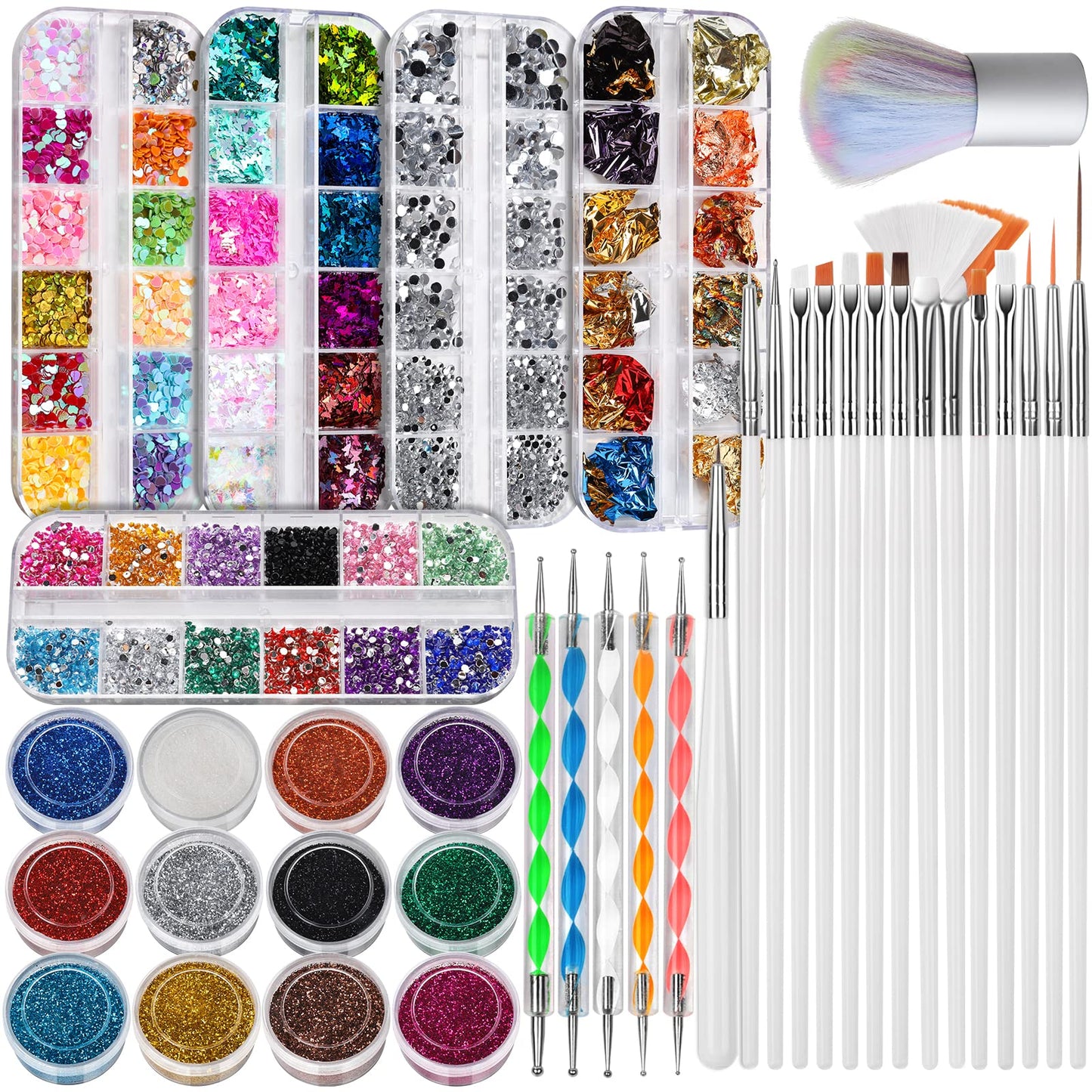FANDAMEI Nail Art Kit, Nail Art Brushes Set, Nail Design Kit Dotting Tools, Fine Nail Glitter, Nail Decoration Butterfly Heart Glitter Sequins, Foil Flakes, Nail Rhinestones, Dust Brush