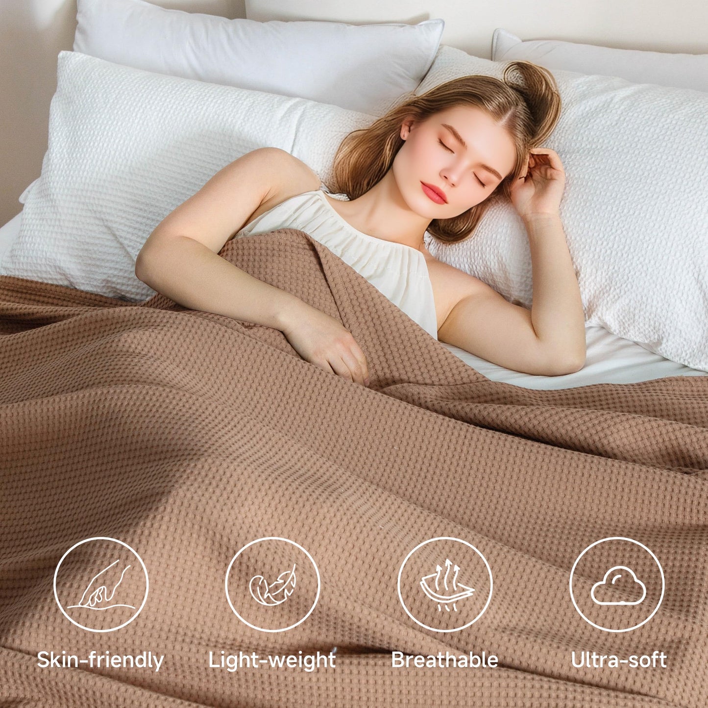Simple&Opulence 100% Cotton Waffle Weave Throw Blanket 40"x50", Soft Lightweight Breathable Cozy Washed, Layer Blanket for Couch Bed Sofa, Farmhouse Home Decor for Adults All-Season, Light Brown