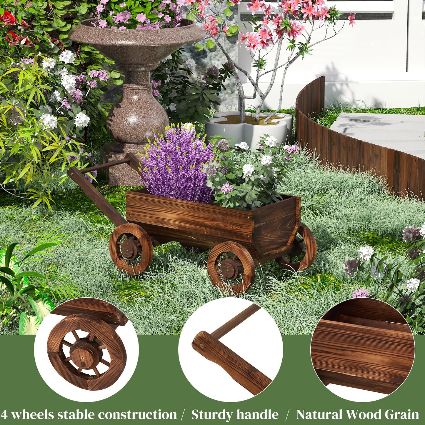 PULIJIAJU Wooden Wagon Garden Planter Cart with Wheels Rustic Flower Pot – Indoor Outdoor Patio Backyard Balcony Decor for Flowers and Plants（Large