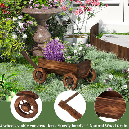 PULIJIAJU Wooden Wagon Garden Planter Cart with Wheels Rustic Flower Pot – Indoor Outdoor Patio Backyard Balcony Decor for Flowers and Plants（Large