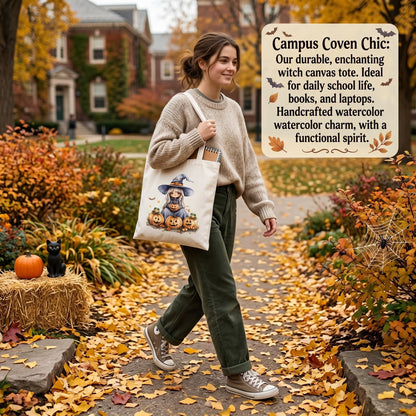 Fall Halloween Tote Bags 2Pcs, Cotton Blend Canvas Tote with Pumpkin Ghost Witch Prints, Reusable Shoulder Bags for Thanksgiving Party Trick or Treat Gift (witch&pumpkin)