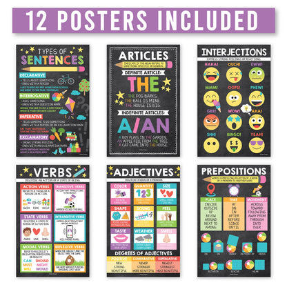 Parts of Speech Posters for Classroom Must Haves -12 Grammar Posters, Writing Process for Homeschool, Elementary & Middle School, ELA 3rd 4th & 5th Grade Teacher Must Haves, Chalkboard Classroom Decor