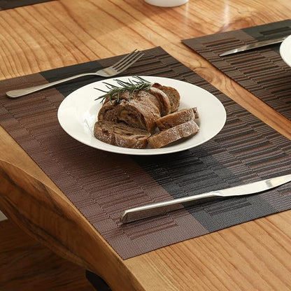 Leetaltree Brown with Black Striped Placemats Set of 4 - Heat Resistant Non-Slip Place mats for Dining Table, Washable Durable PVC Vinyl Woven Table Mats（Brown Stripe, 4）