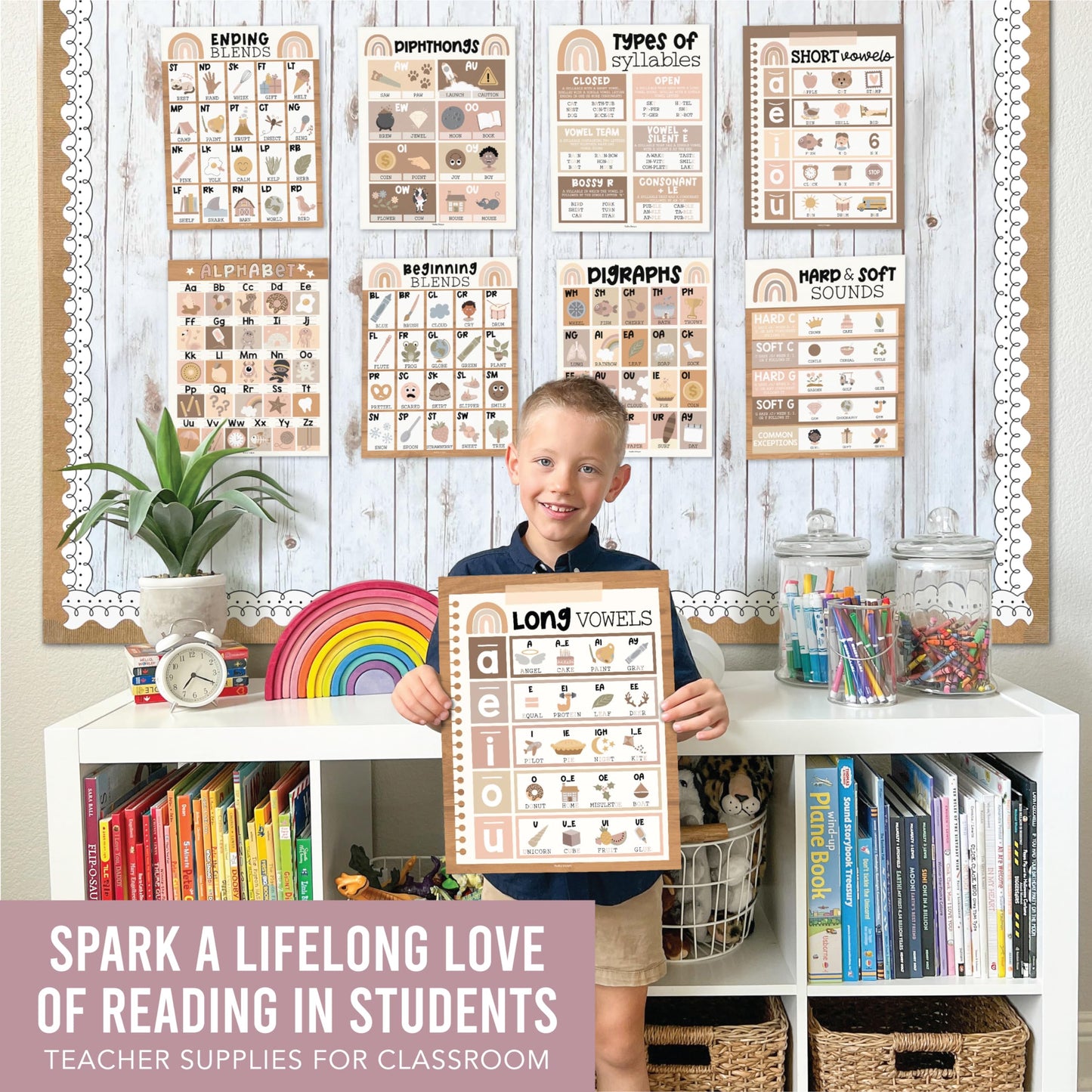 Hadley Designs Phonics Posters for Classroom Must Haves - 9 Sound Wall for Kindergarten & Elementary Teacher Supplies, Syllable, Vowels, Digraphs & Blends Bulletin Board Set, Boho Classrom Decor