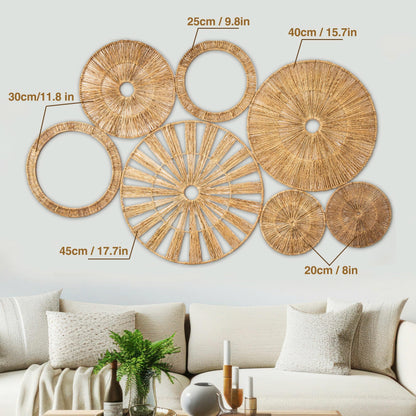 Xavia Handicrafts Set of 7 Boho Wicker Rattan Plate Basket For Décor Hanging Wall | Large Woven Farmhouse Rustic Bohemian Art Baket Hangings For Decorative Home, Bedroom, Living Room, Kitchen, Bathroom