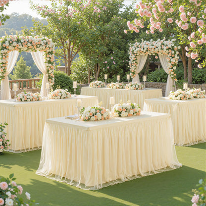 6ft Champagne Table Cloths Rectangle Tulle Tablecloth Fitted Champagne Tablecloths for 6 foot Rectangle Tables Spandex Table Covers for Parties Wedding Birthday Buffet Banquet Desk Tables Skirt